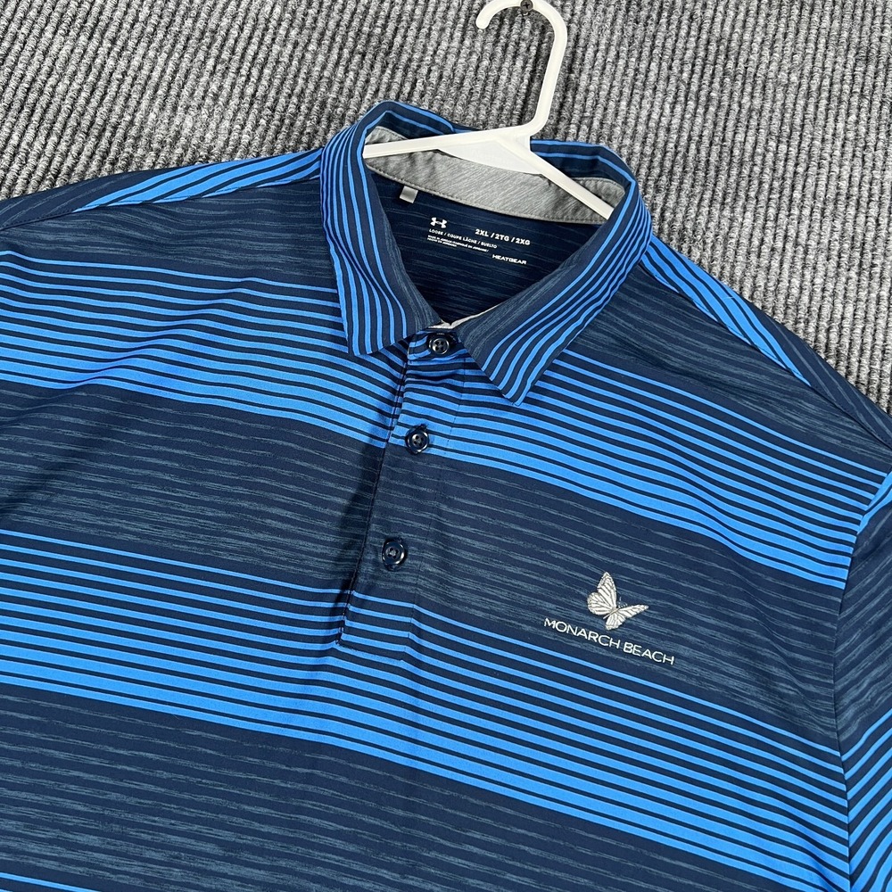 Under Armour Polo Shirt Mens 2XL XXL Blue Striped Short Sleeve Golf Heat Gear